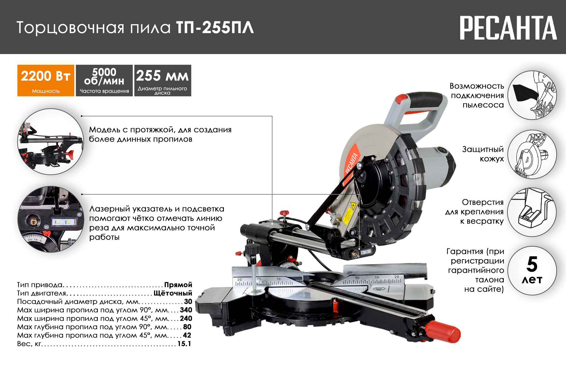 Торцовочная пила Ресанта ТП-255ПЛ