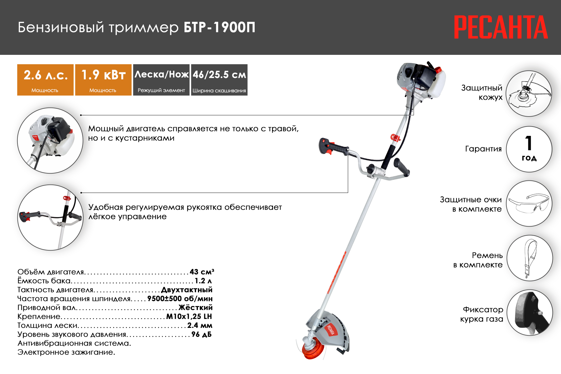 Бензиновый триммер Ресанта БТР-1900П 70/2/39
